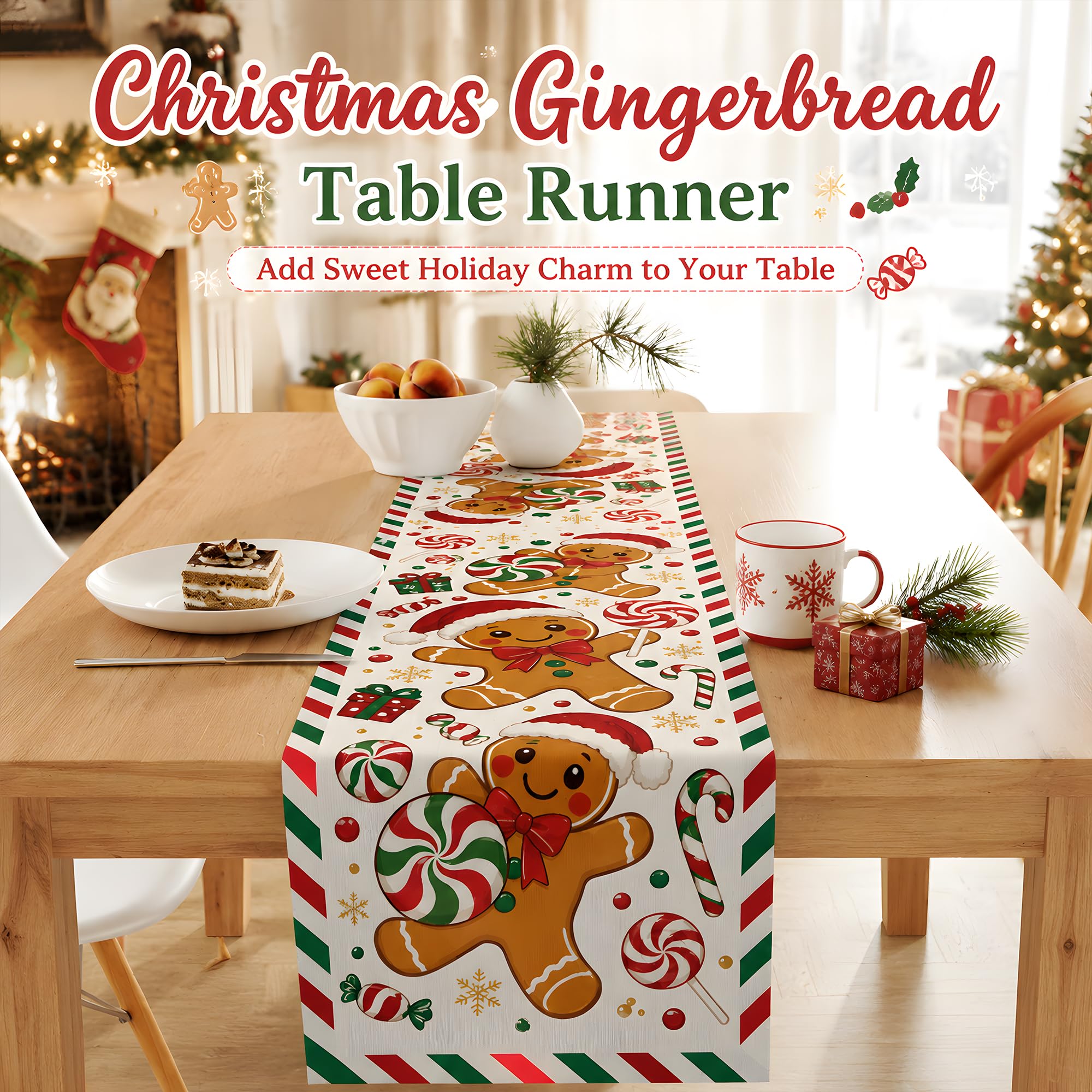 Linen Table Runner - Noel Temalı Zencefilli Kurabiye Adam Desenli