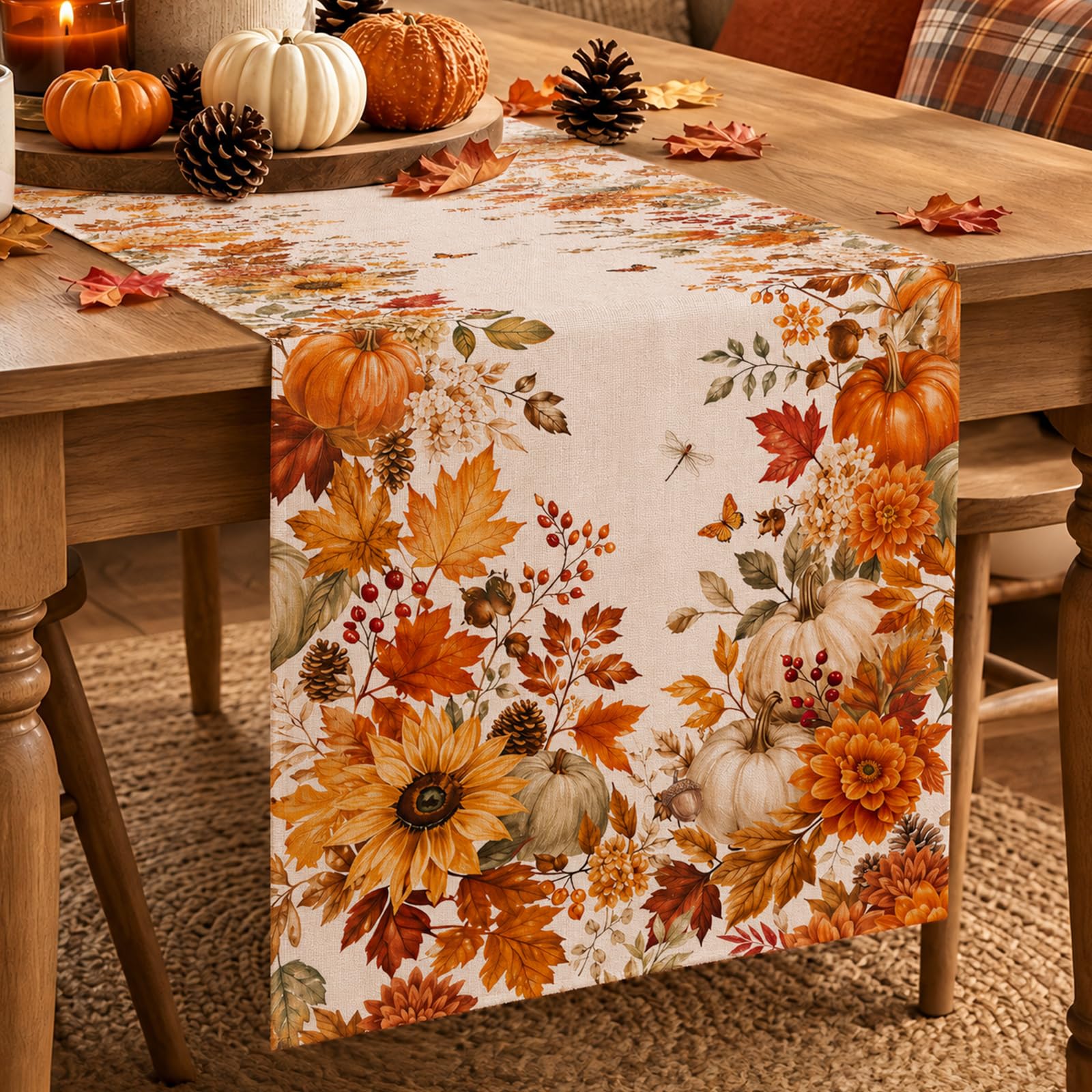 Sonbahar Ayçiçeği Balkabağı Ak - Linen Table Runner incelemesi ve fiyatı